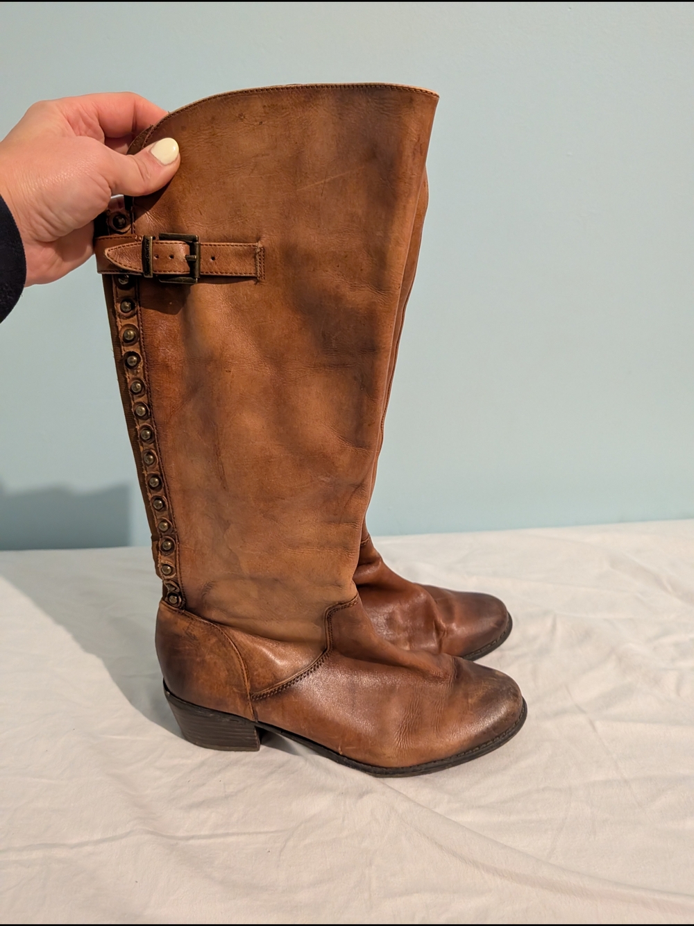 Arturo Chiang Tall Brown Leather Buckle & Stud Riding Boots